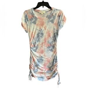 No Comment Tie Dye Dress Womens Large Pink Blue Ruched Sides Short Sleeve Fitted